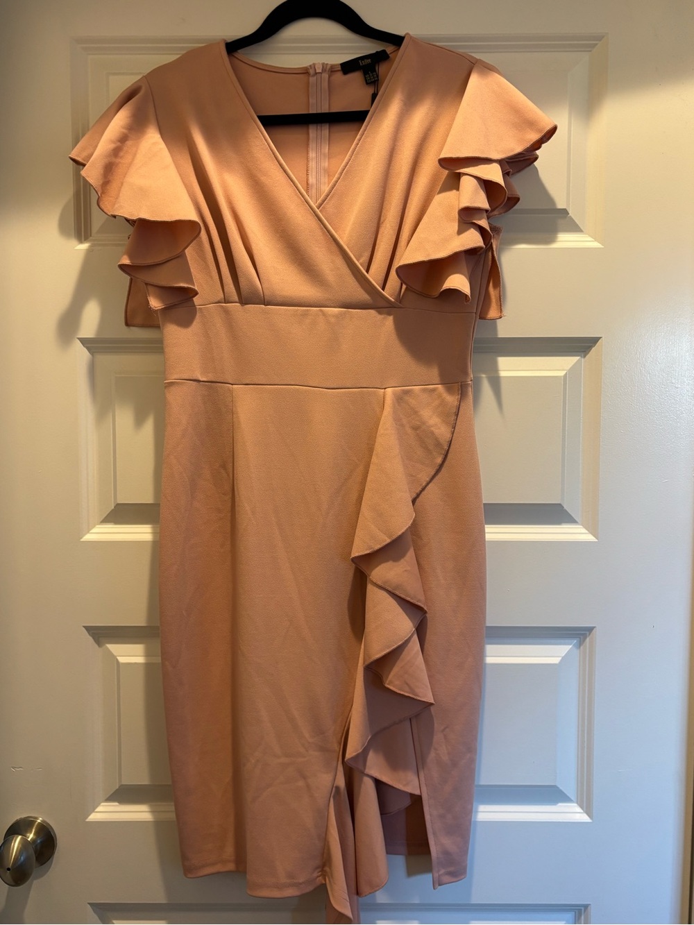 Ruffle-Trim Wrap Midi Dress in Peachy Blush